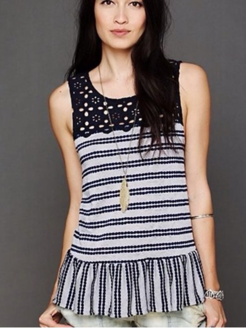 Free People Molly’s Retro Peplum Navy Eyelet Stripe Sleeveless Ruffle Tank Top S